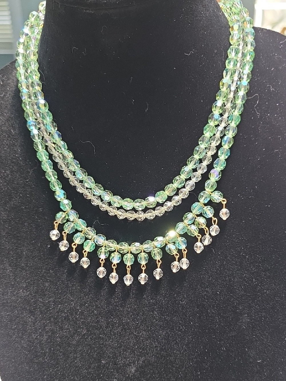 Green Crystal Multi-Strand Necklace with Gold Accents